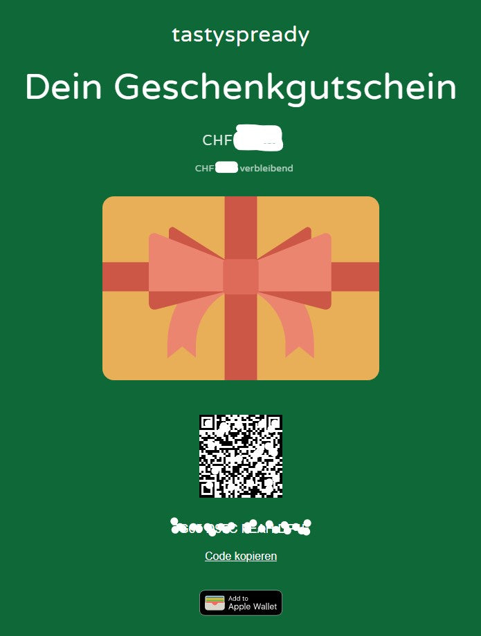 tasty💚spready Geschenkgutscheine (10.-, 25.-, 50.- oder 100.- CHF)